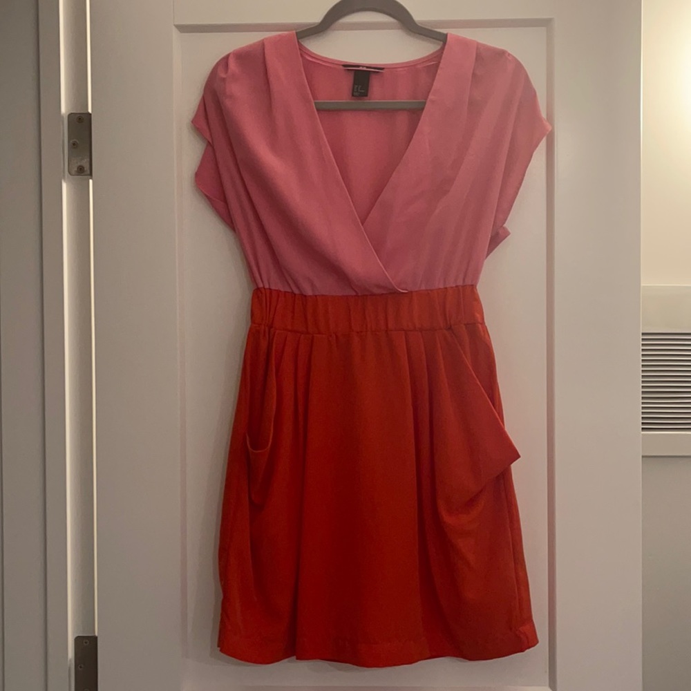Pink and Orange colorblock dress with pockets